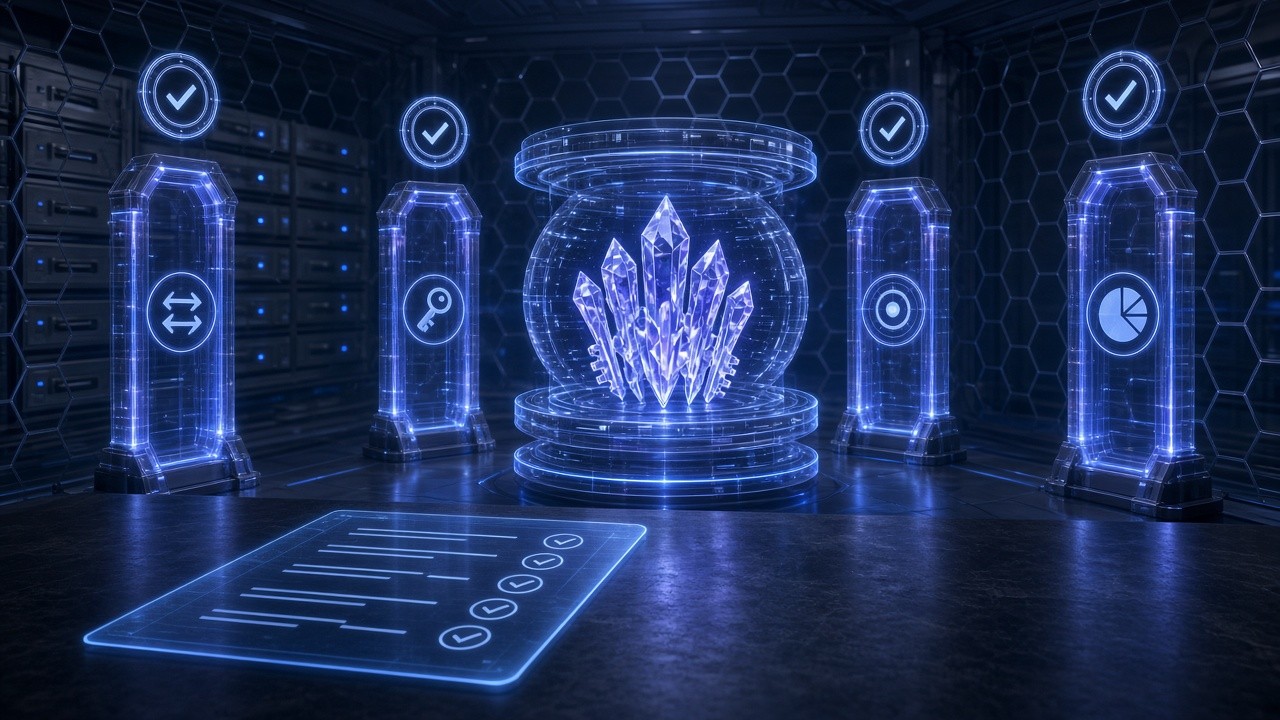 Inside a translucent digital vault, private keys shaped like glowing keys sit locked behind layer upon layer of security rings, surrounded by four regulatory gateways and an approval-stamp motif, representing Hong Kong's activity-by-activity licensing and protection of client assets