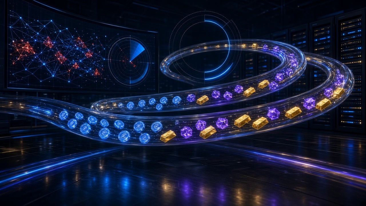 In a dark financial data center, stablecoins, tokenized gold bars and digital settlement channels flow through a network that never stops, while a monitoring wall nearby shows a big-data network graph and a radar sweep, representing Hong Kong's surveillance systems and digital settlement infrastructure