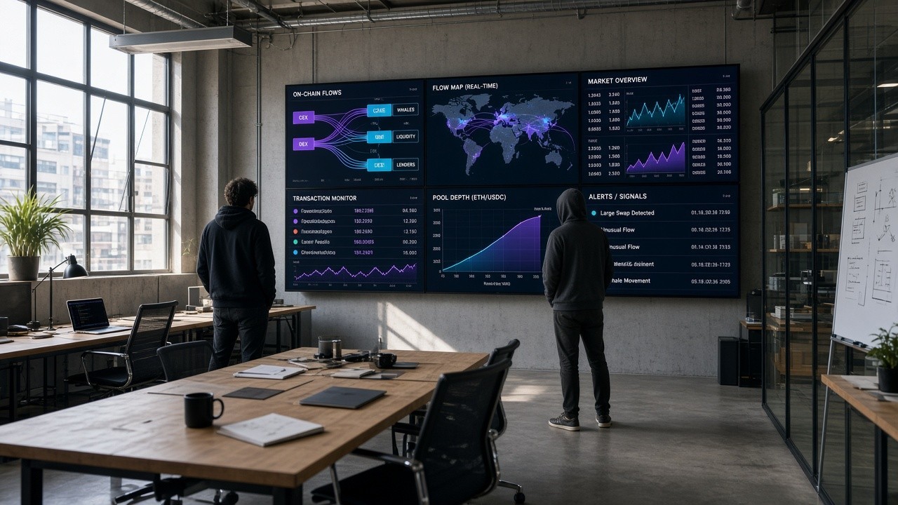 Daylit industrial loft: one or two hooded researchers facing wall panels of on-chain flows and a trading dashboard