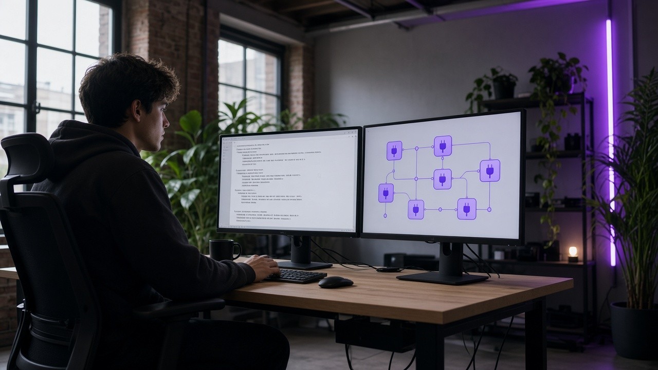 Bright loft desk: a hooded developer configures AI connectors and a plug-style MCP UI in the terminal