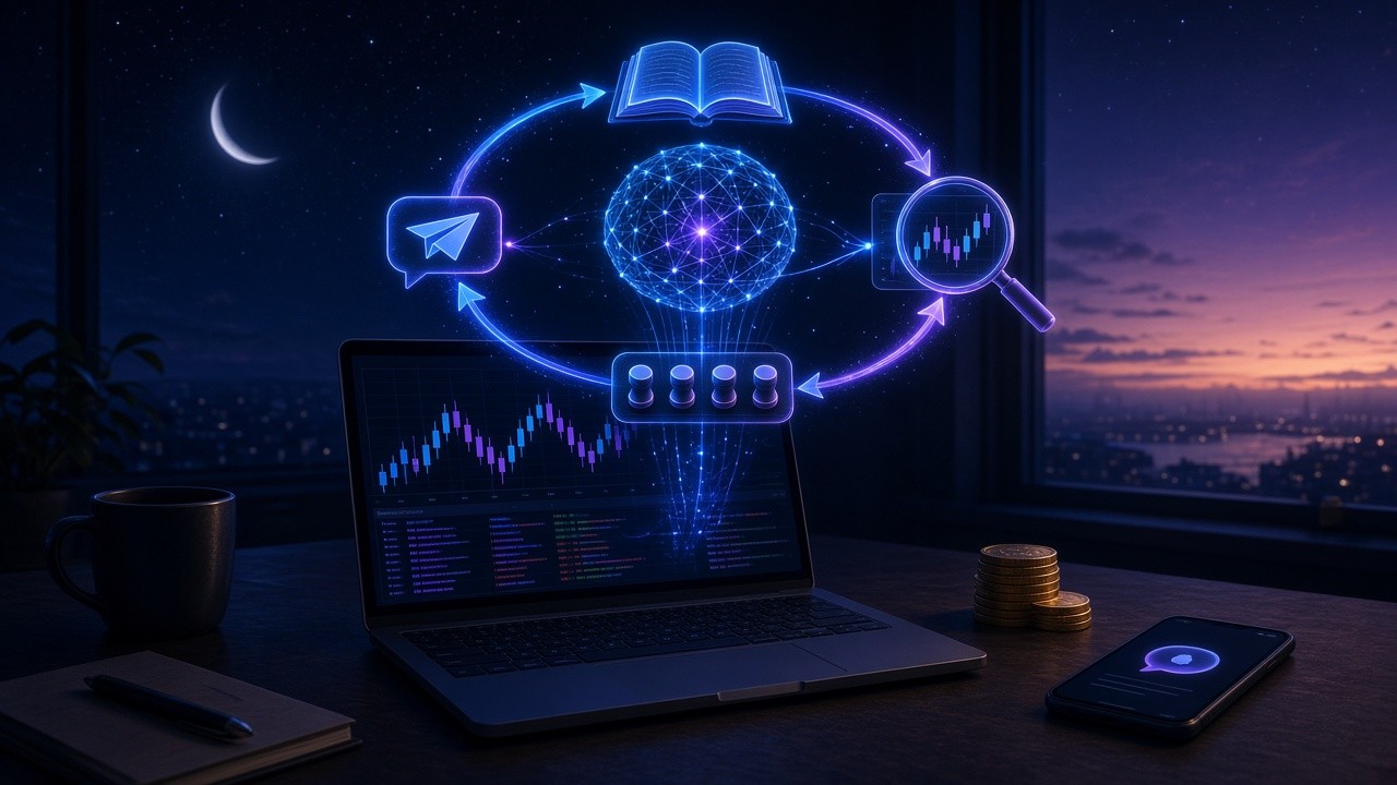 A laptop by a window late at night showing a trade journal; above it, an AI node sphere is circled by a loop of a logbook, a magnifier over a candlestick chart, parameter knobs and a message-report icon, while moonlight gives way to dawn outside and a small stack of coins and a phone sit on the desk