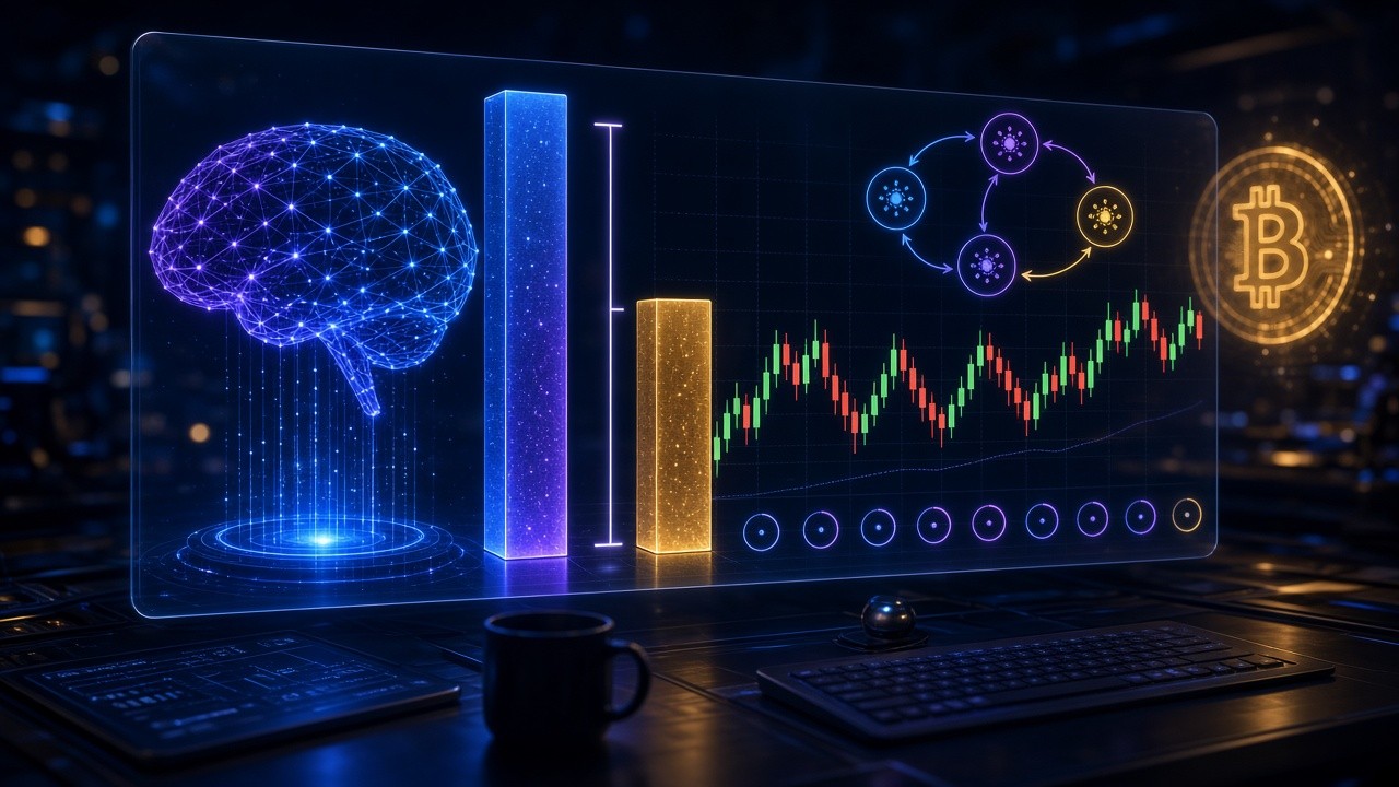 A holographic trading dashboard: beside an AI brain, a tall blue model-probability bar stands next to a shorter gold market-price bar, with a bracket marking the gap between them, plus Markov state nodes, candlesticks, a row of five-minute countdown rings and a glowing Bitcoin