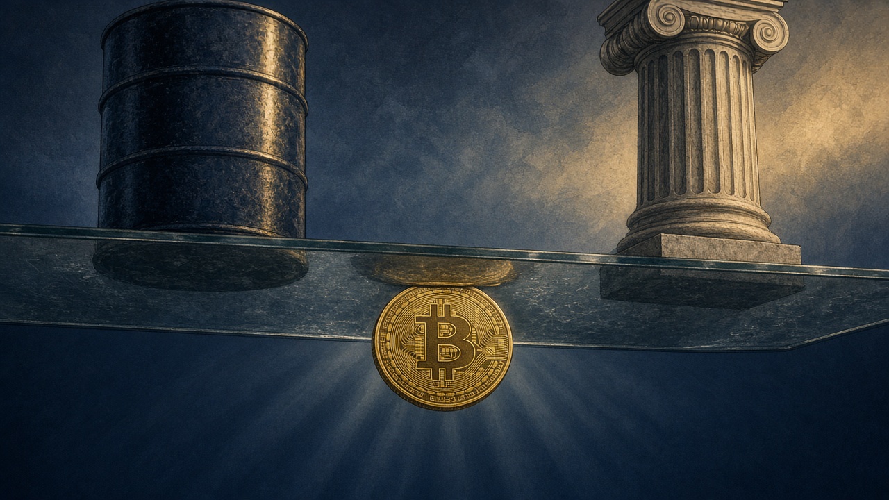 A bitcoin pinned under a glass ceiling by an oil barrel and a central-bank column, a symbol of rate hikes and oil prices capping the $87,000 level