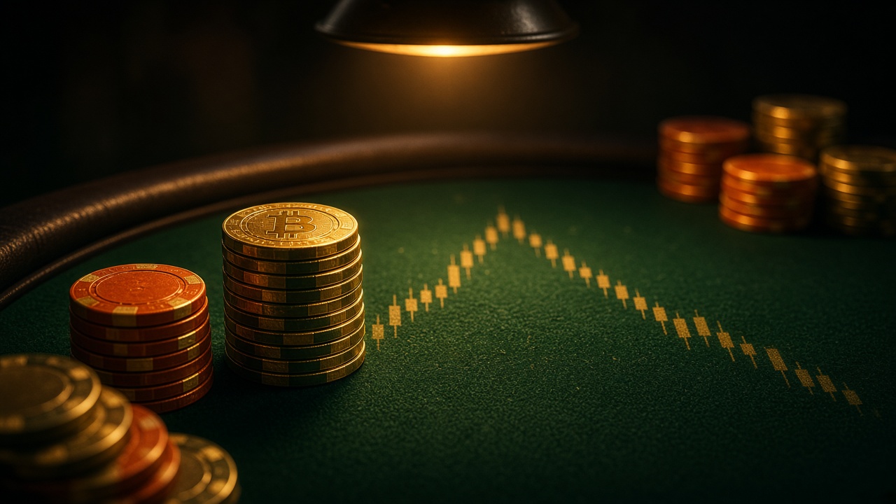 Poker chips and a stack of bitcoins on a card table, a reminder for small accounts to stay at the table