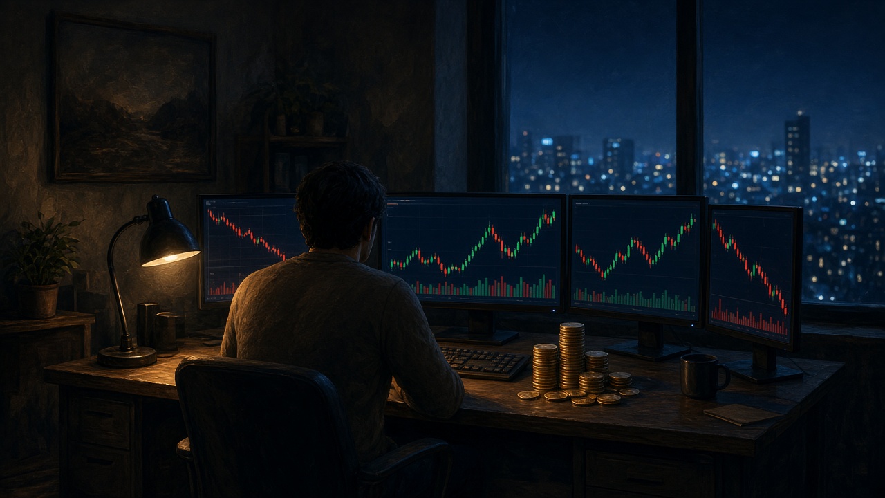 A lone trader watching the market late at night beside a modest pile of coins, patiently building capital and staying at the table
