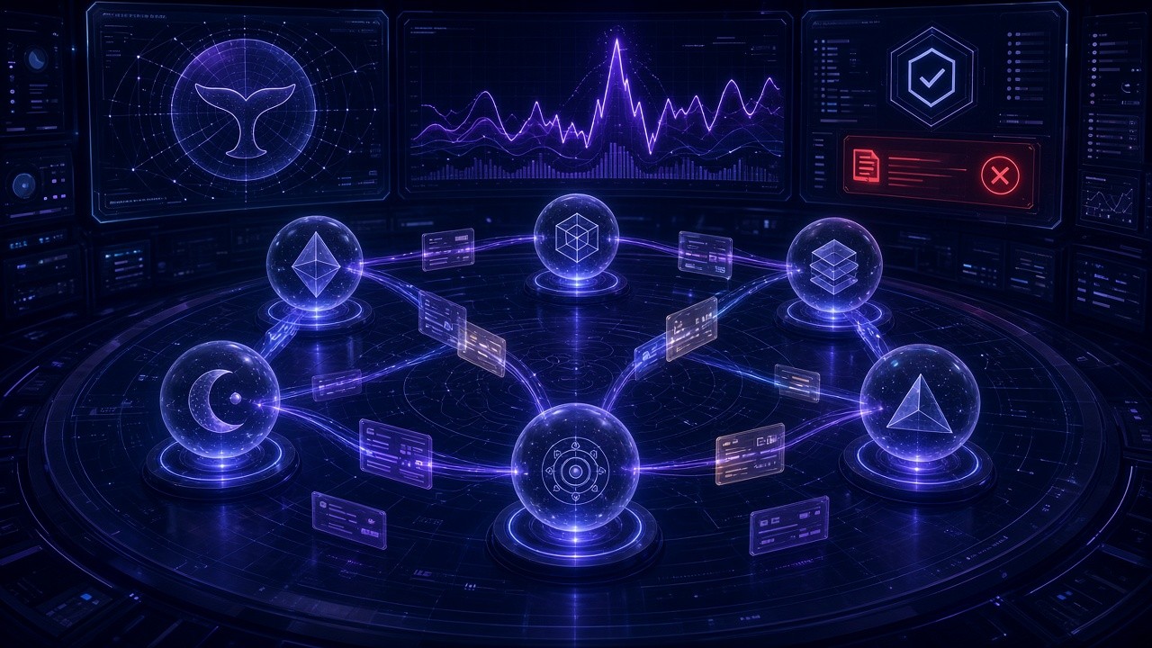 On a group-chat trading-desk UI, avatars for ATLAS, VEGA, ORION, TITAN, LUNA and NOVA hand off intel, standing for multi-agent division of labor