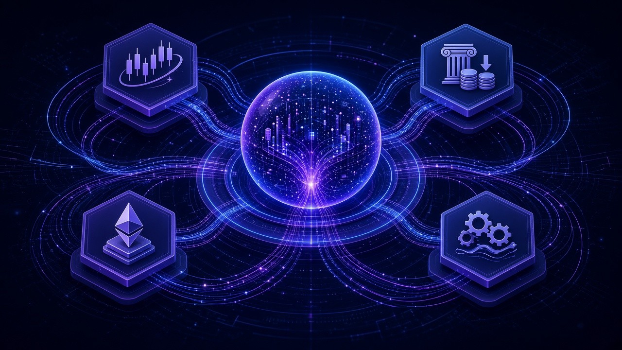 On a dark research desk, a crypto asset basket fans out, weight tags for DRV, LIT, ETHFI, AAVE, ENA and SOL ring glowing chips — the first public token portfolio
