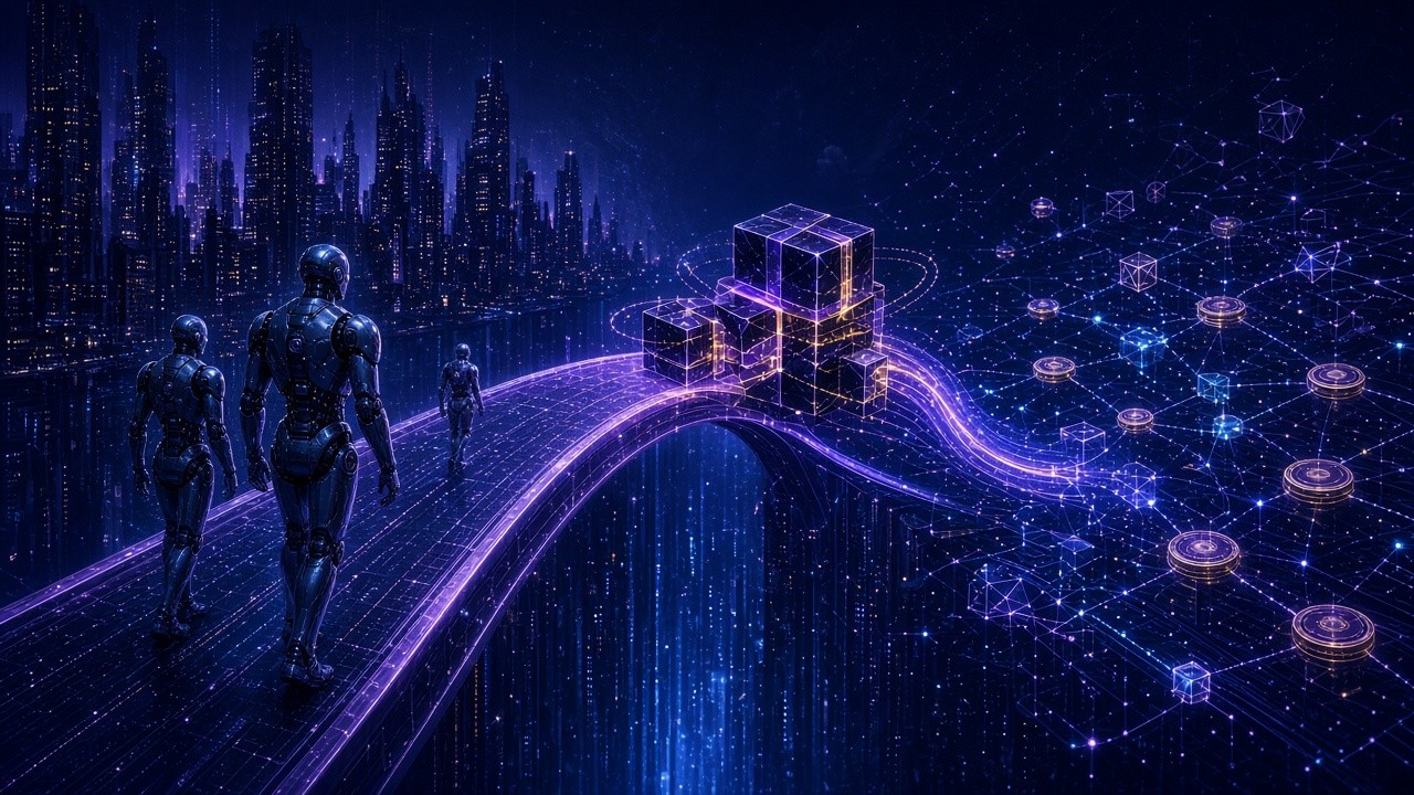 Agentic AI agents and RWA assets such as tokenized Treasuries and stocks meet on a blue bridge, placing crypto at the crossroads of the agent economy and real-world assets