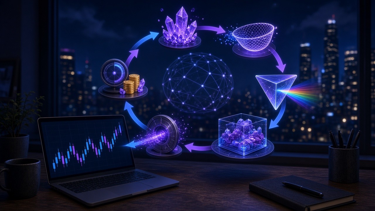 Above a laptop by a night window, six glowing nodes — data, cleaning, strategy, backtest, out-of-sample validation and small live trading — form a loop around a restrained AI node sphere, for running a minimal closed loop before complex systems