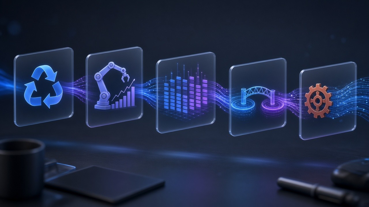 Five translucent panels float above a dark desk, standing for exchange access, a trading bot, vectorized backtesting, a market-making framework and an event-driven engine, linked by blue-violet light into a data-to-execution toolchain