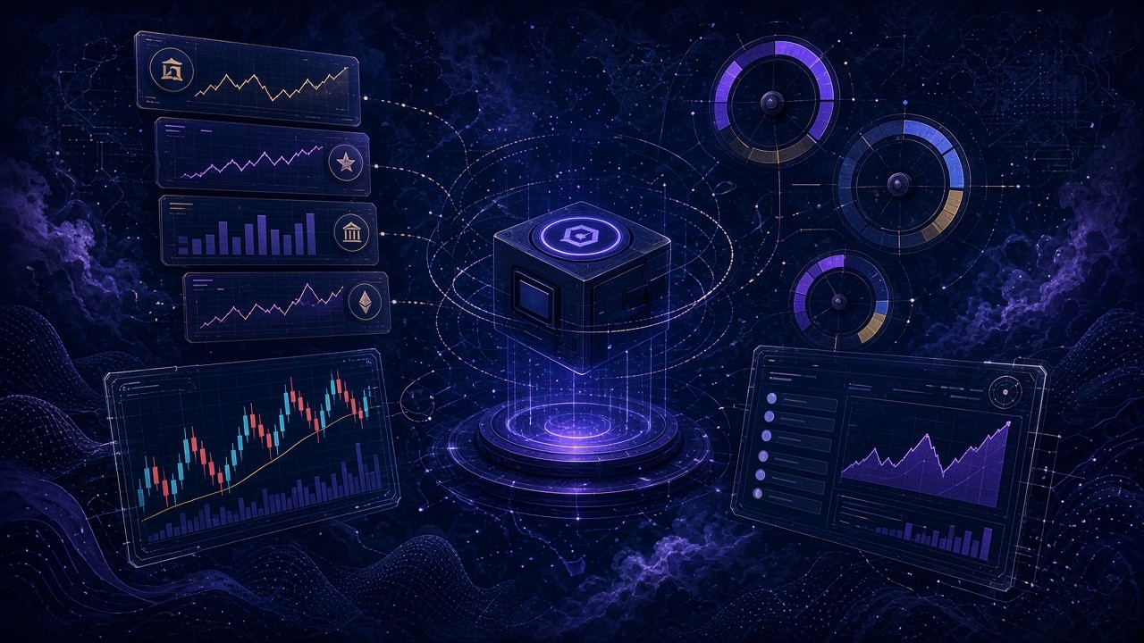 Several glowing market panels side by side — tokenized equities, TradFi CFDs, perpetual underlyings and prediction-market probability curves — linked through a blue-violet network to a shared settlement node, for Web3’s new asset lanes