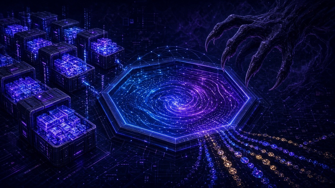 In a dark on-chain scene, sequencing auctions and intent solvers compete for settlement paths along blue-violet light tracks, with Uniswap-style swaps and bundled trades floating between nodes — the MEV and intent stack