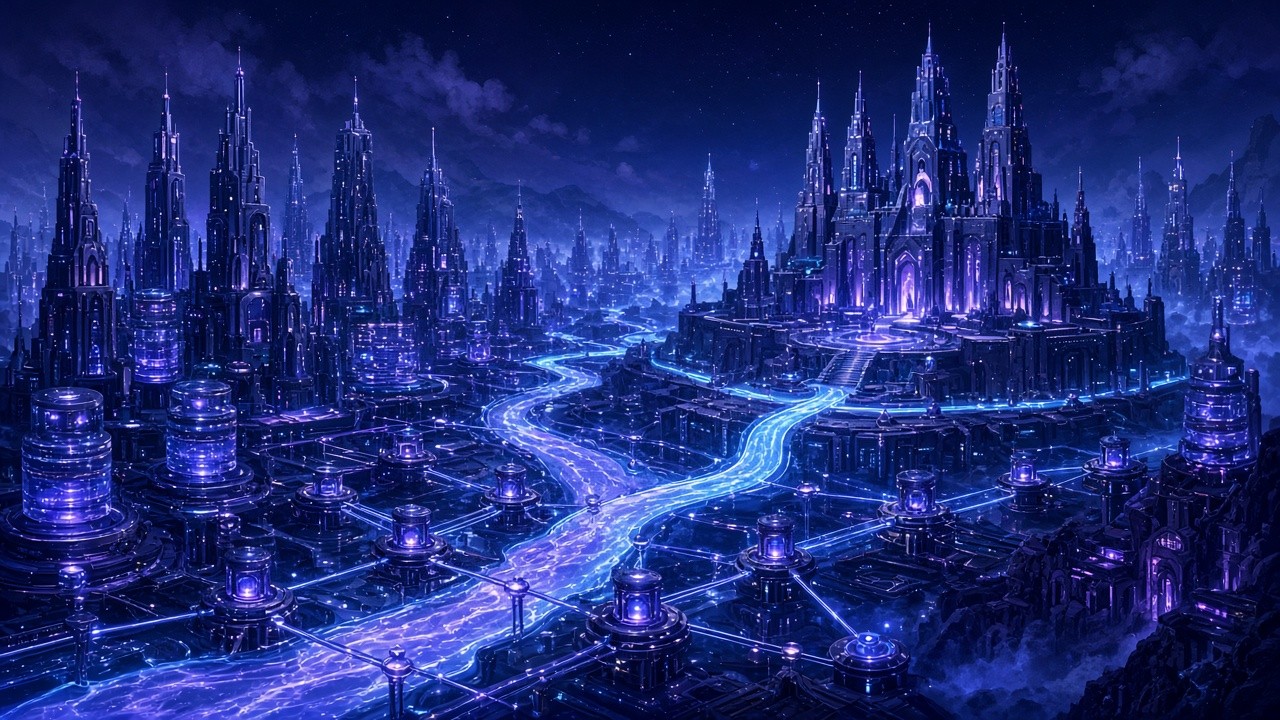 In deep-blue night, the Base network rises like a glowing city of trading and lending, with USDC stablecoin and lending-protocol nodes linked by data lines — Coinbase’s on-chain finance ecosystem depth