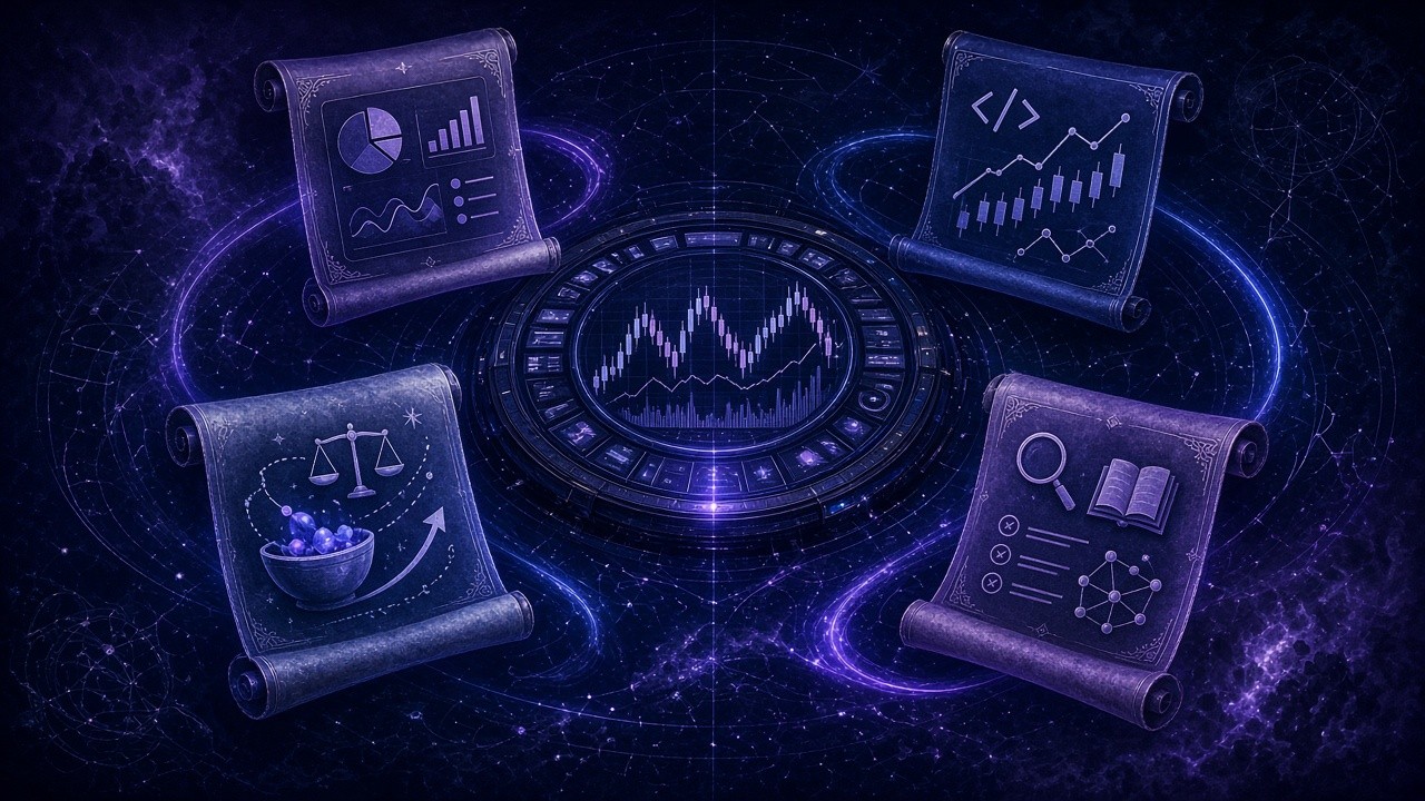 Several English prompt cards float in front of a trading terminal, blank brackets highlighted to fill in, with Pine Script chart and portfolio dashboard thumbnails beside them