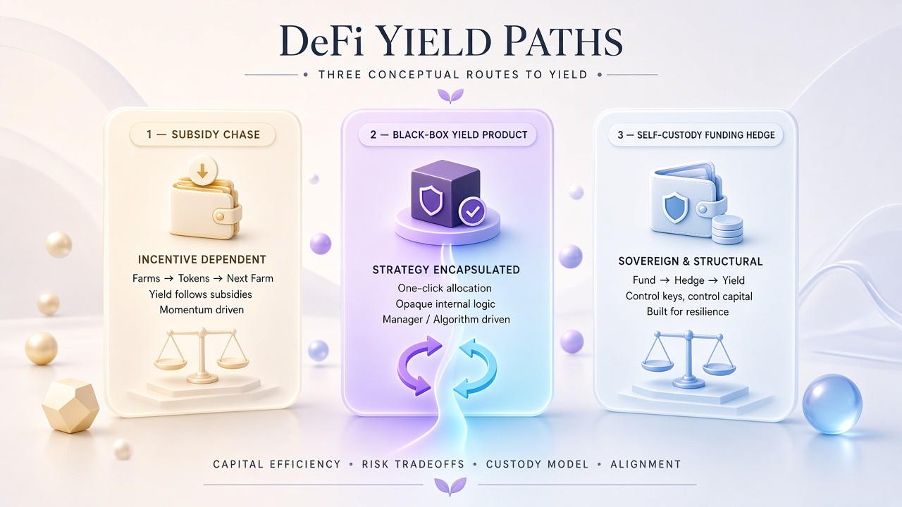 Bright cards for three paths: chase subsidies, black-box yield, self-custody spot-long / perp-short hedge