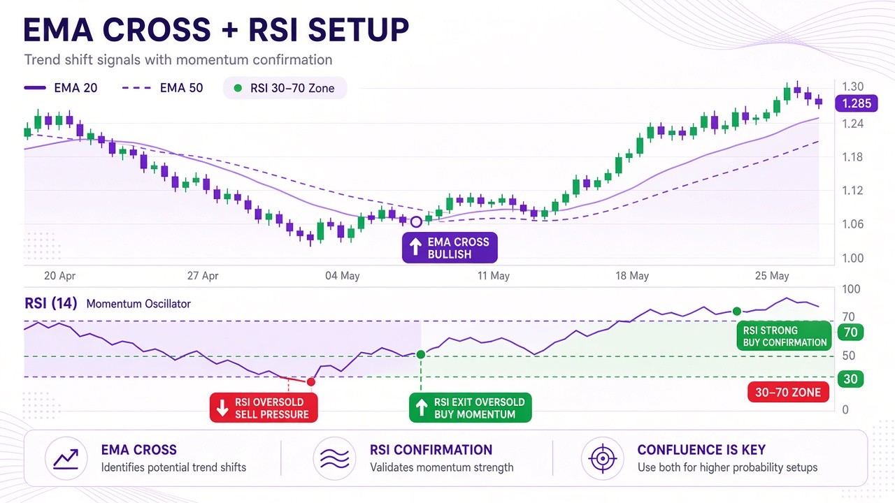Bright chart: EMA10 vs EMA50 cross, green buy / red sell triangles, RSI in the filter band