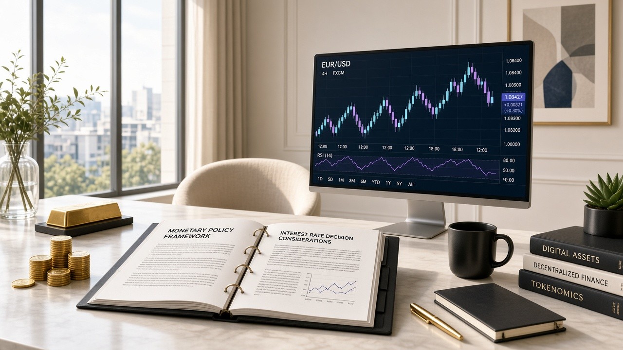 Monetary-policy folders, gold coins and an FX screen on a work desk