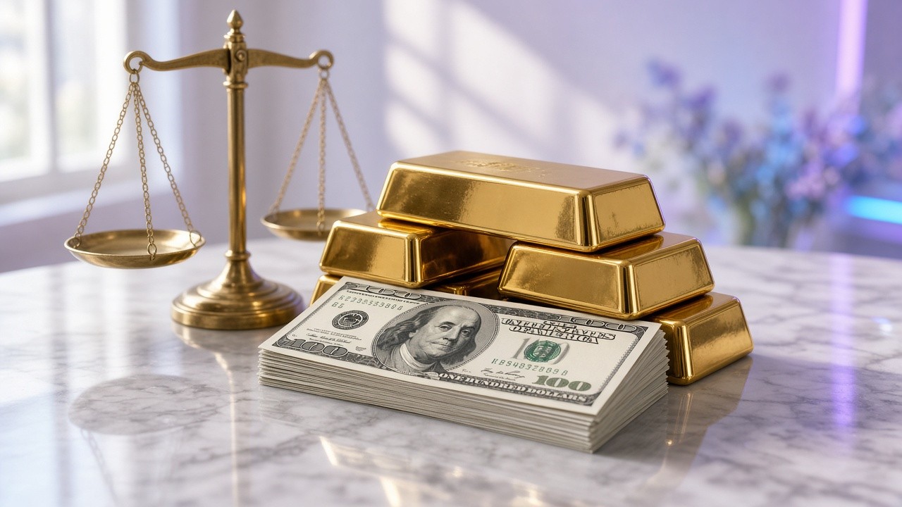 Dollar cash, gold bars and a balance scale on a bright desk